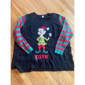 Ugly Christmas Sweater Elf Taking a Selfie Novelty Pullover Black Red Green 4X